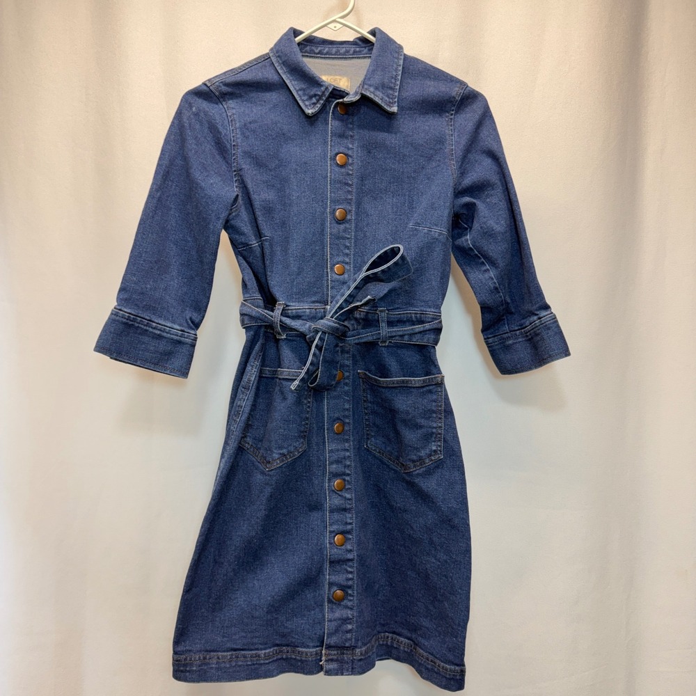 Loft Denim Dress Women 4P Blue Button Front Tie Waist 3/4 Sleeve Petite